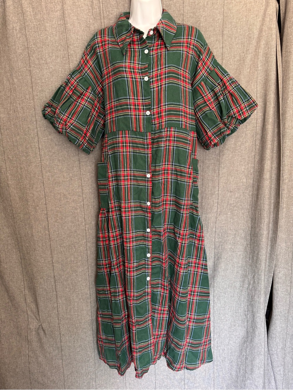 Green Red Tartan Plaid Balloon Sleeve Button Down Dress Cottage Milkmaid Prairie